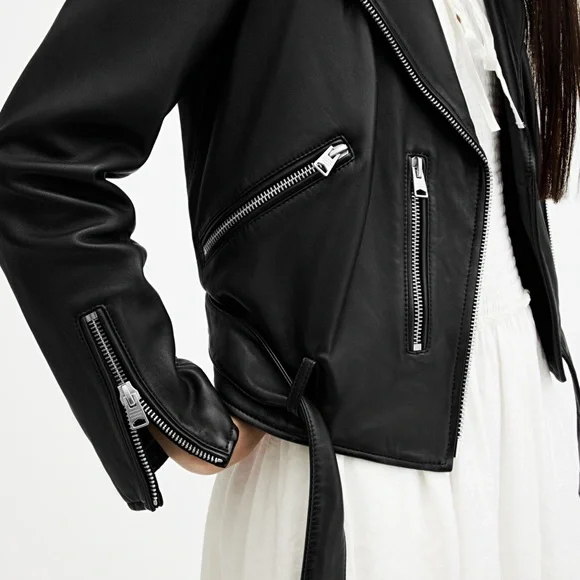 All Saints Black Balfern Belted Hem Leather Biker Jacket Size 2 - Picture 3 of 13